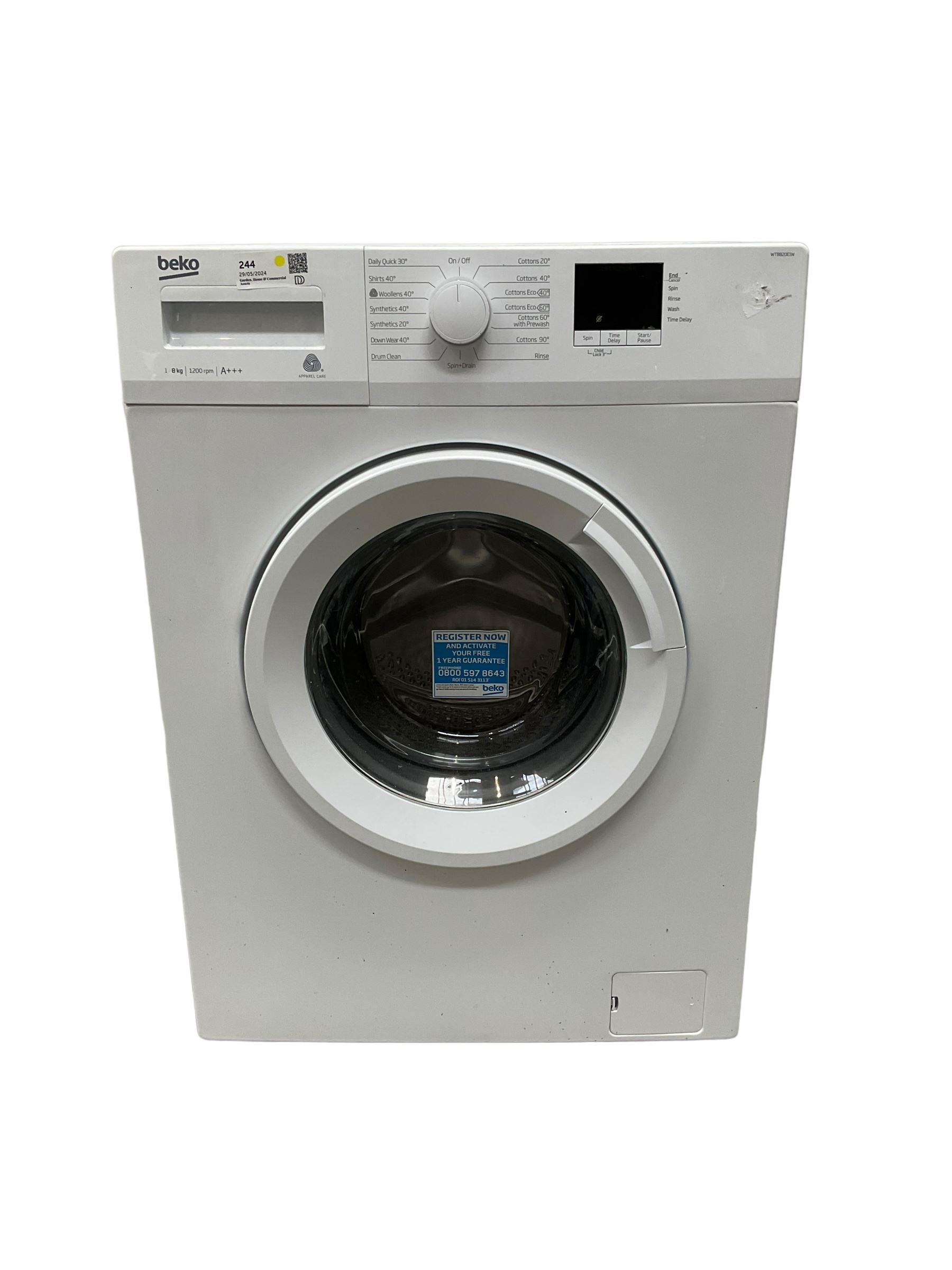 Beko WTB820E1W 8kg washing machine  - THIS LOT IS TO BE COLLECTED BY APPOINTMENT FROM DUGGLEBY STORAGE, GREAT HILL, EASTFIELD, SCARBOROUGH, YO11 3TX
