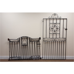  Pair wrought metal arched drive way gates, black painted finish, (W240cm, H92cm) and a wrought metal pedestrian gate, black painted finish (W90cm, H180cm)  