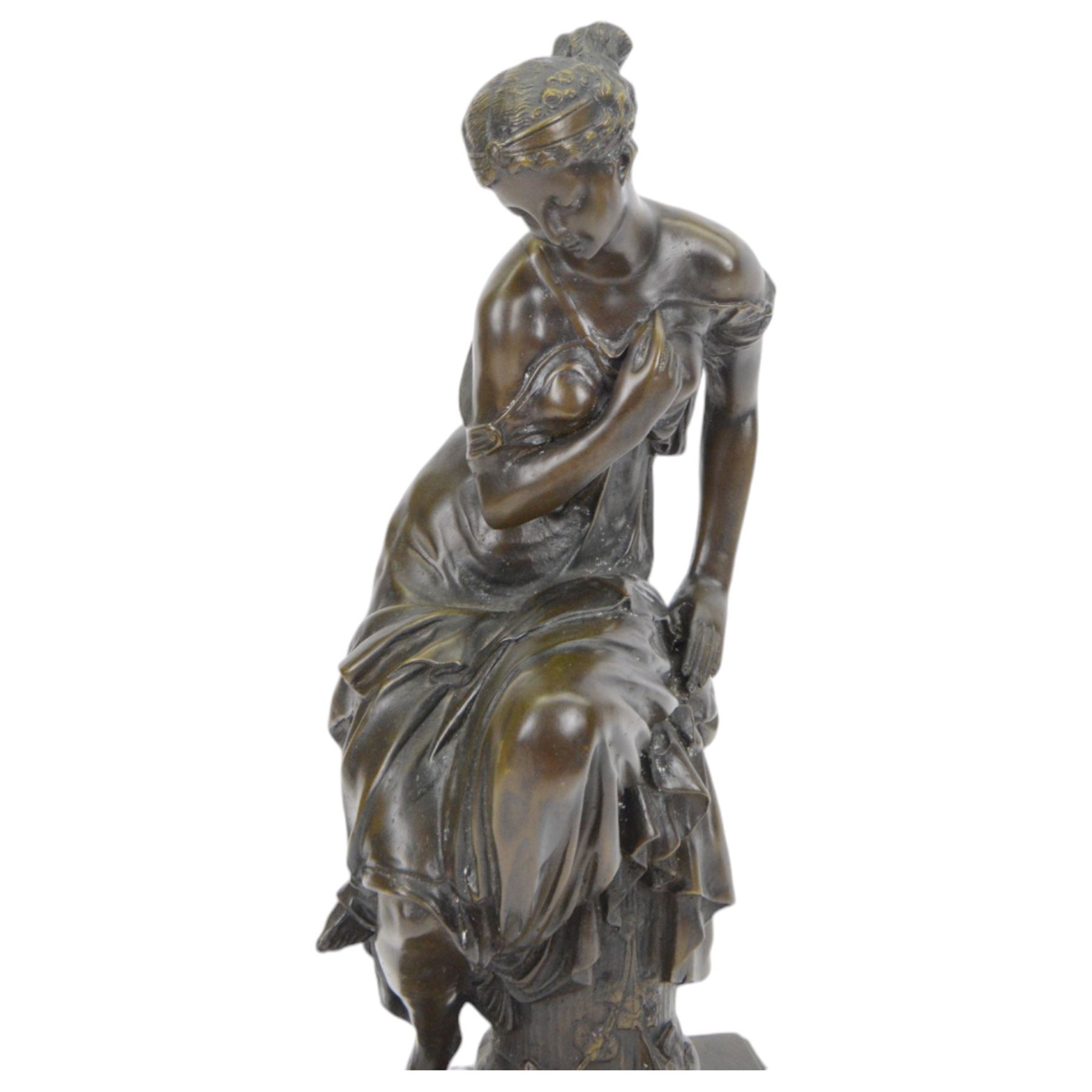 After Joseph Charles De Blezer, bronze figure modelled as a woman in neoclassical dress seated upon a column, H45cm