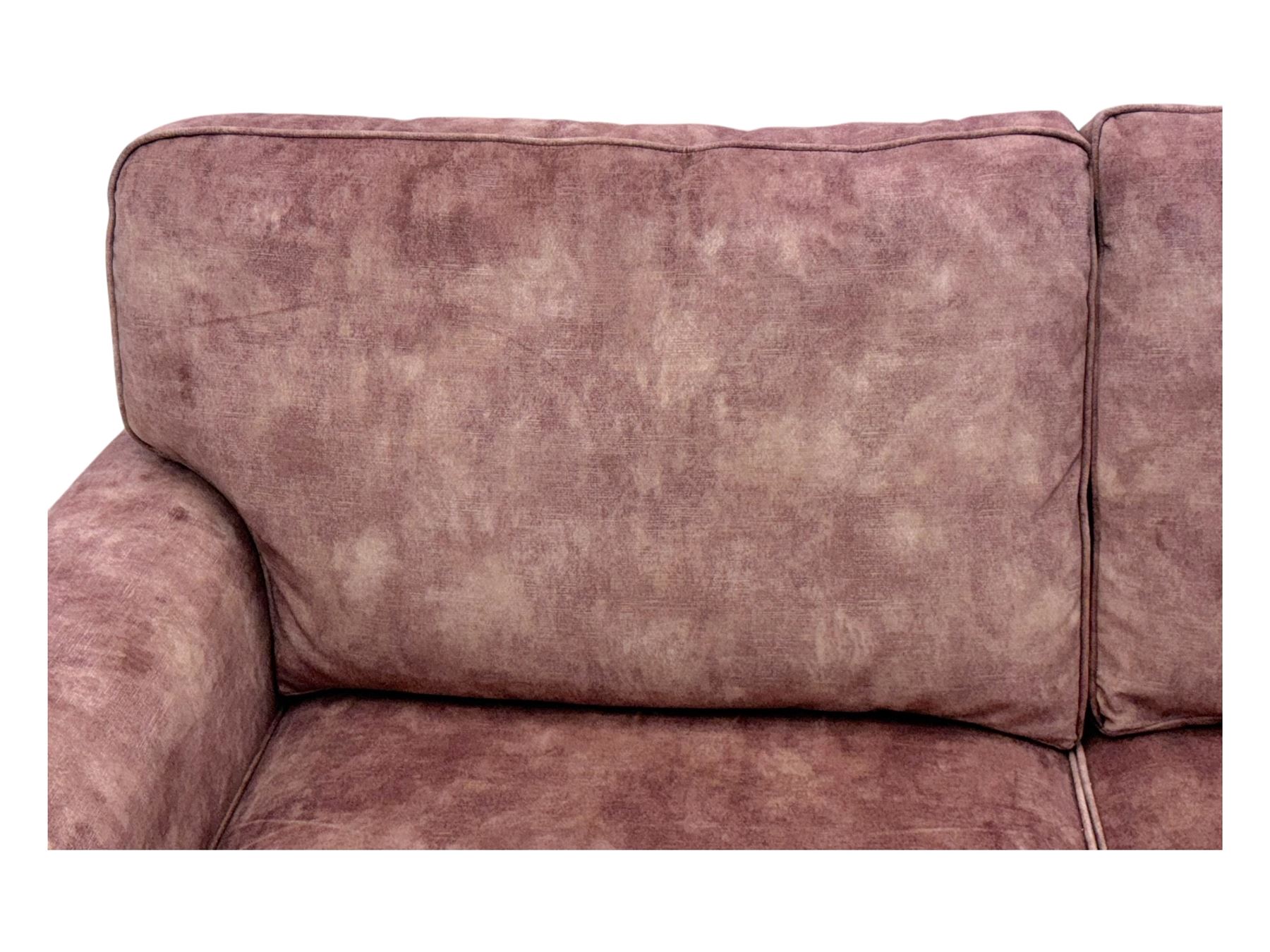 Contemporary Alstons ‘Memphis’ sofa bed, upholstered in ‘Dusk Velvet’ polyester blend, featuring broad arms, two seat cushions, and a concealed fold-out metal action bed with mattress