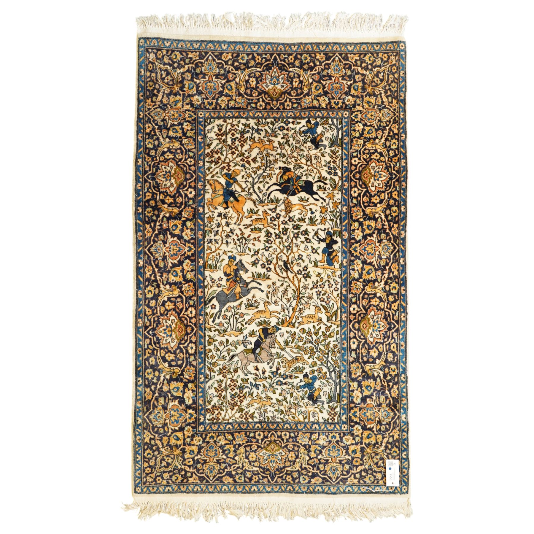 Persian pictorial rug featuring a hunting scene, ivory field with mounted hunters, animals, birds and trees, rich navy and terracotta floral border with rosettes and palmettes 