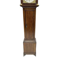 John Kemp of Yoxford (Suffolk) - 18th century oak 30 hour longcase clock c1770, with a later box top and finials, square hood door with attached pilasters and gesso capitals, long flat topped trunk door with a rectangular plinth and bracket feet, brass dial with cast spandrels and engraved dial centre, silvered chapter ring with Roman numerals and five minute Arabic's, with matching steel hands, birdcage chain driven movement with a recoil anchor escapement and count wheel striking. With weight and pendulum.
