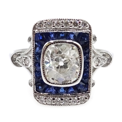  18ct white gold sapphire and diamond ring, central diamond approx 0.9 carat, with diamond set shoulders   