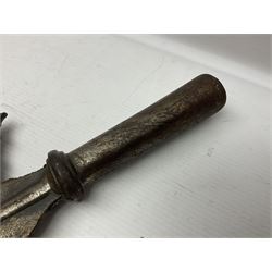 Moroccan jambiya dagger with 24.5cm plain curved blade stamped LONDON to the ricasso area, the hilt and scabbard overlaid with plain sheet brass to the back and ornate silver coloured metal to the front; waisted grip and arched pommel; two pyramid mounts to the scabbard L41cm overall; large billhook with curving blade and stacked leather washer grip; and a reproduction halberd blade (3)