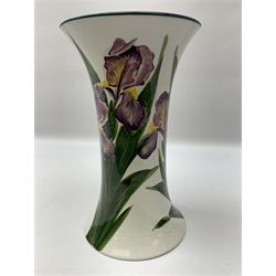 Wemyss vase of flared cylindrical form decorated with purple irises and green lined boarder, with printed and impressed mark beneath 