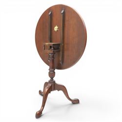 Georgian design figured walnut tripod table, book-matched sun-burst veneered circular snap top, raised on a turned column, above cabriole legs with pad feet