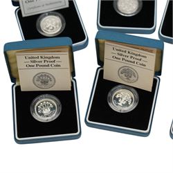 Thirteen The Royal Mint United Kingdom silver proof one pound coins, comprising 1983-1989, 1993 piedfort, 1994, 1994 piedfort, 1997, 2004, and 2006, all cased with certificates
