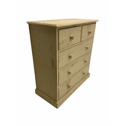 Distressed painted pine chest, fitted with two short and three long drawers
