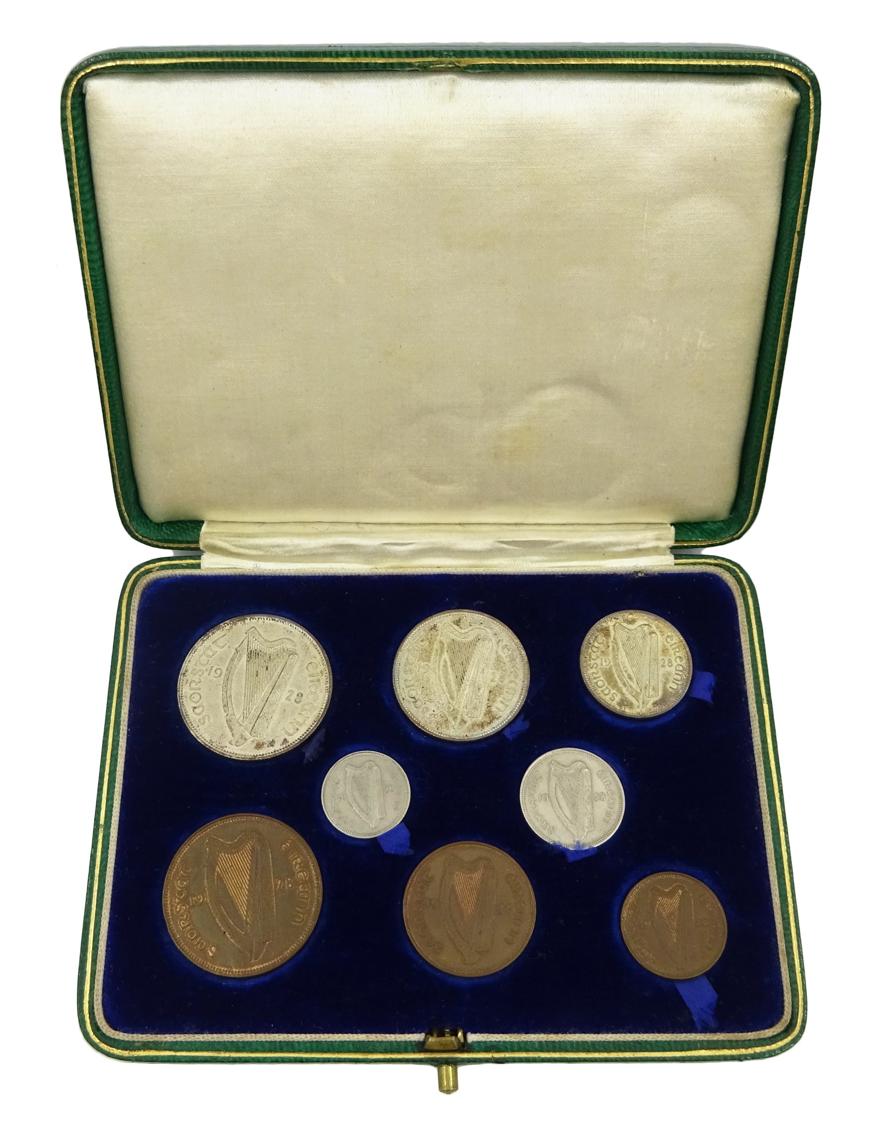 Irish Free State 1928 eight coin set, half crown to farthing, in original green case of issue  