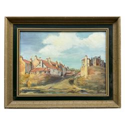 L E Hole (Hull mid 20th century): 'Robin Hood's Bay', oil on canvas board signed with initials, titled and dated 1954 verso 23cm x 32cm