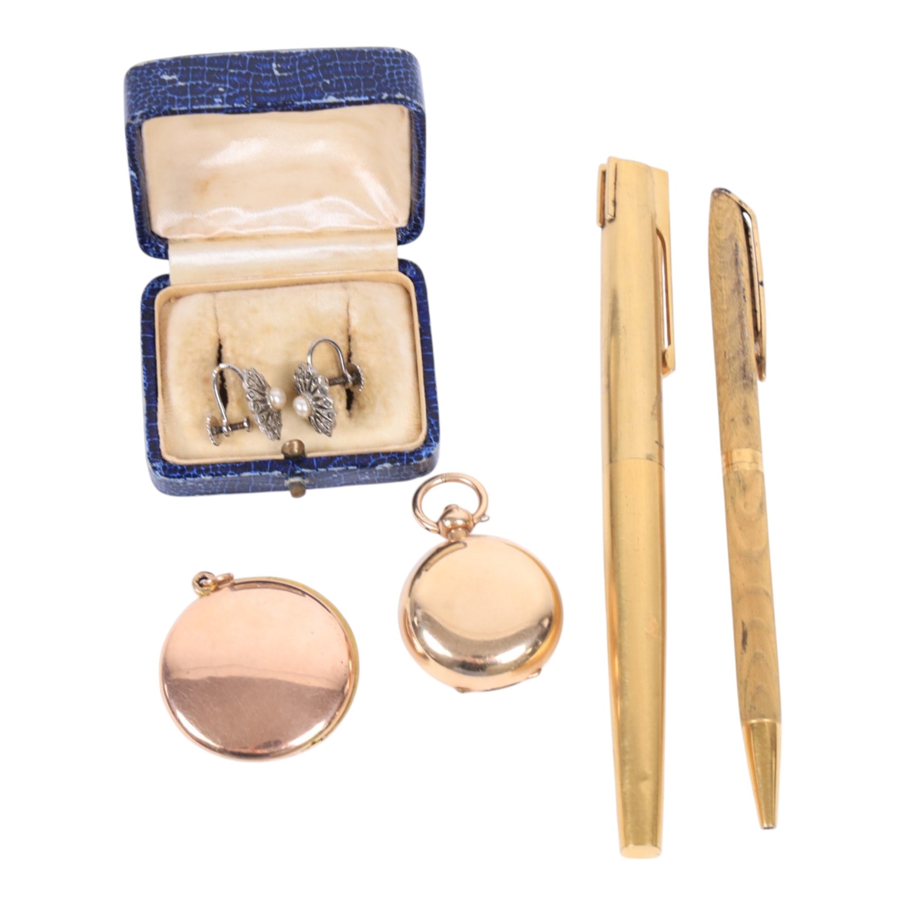 Silver bangle, silver-gilt locket, gold plated moss agate brooch, costume jewellery, two EPNS cigar cutters and stamp book, Vogue compact mirror with butterfly wing design by Thomas L Mott and Waterman fountain pen with 18ct gold nib and a Waterman ballpoint pen