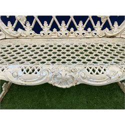 Victorian style cream finish cast iron garden bench, cartouche moulded cresting rail over trailing foilage, the shaped seat cast with shell motif - THIS LOT IS TO BE COLLECTED BY APPOINTMENT FROM DUGGLEBY STORAGE, GREAT HILL, EASTFIELD, SCARBOROUGH, YO11 3TX