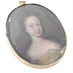 English School (17th century): Portrait miniature of a woman in a lace trimmed and pearl necklace, oil on copper, within an oval metal frame