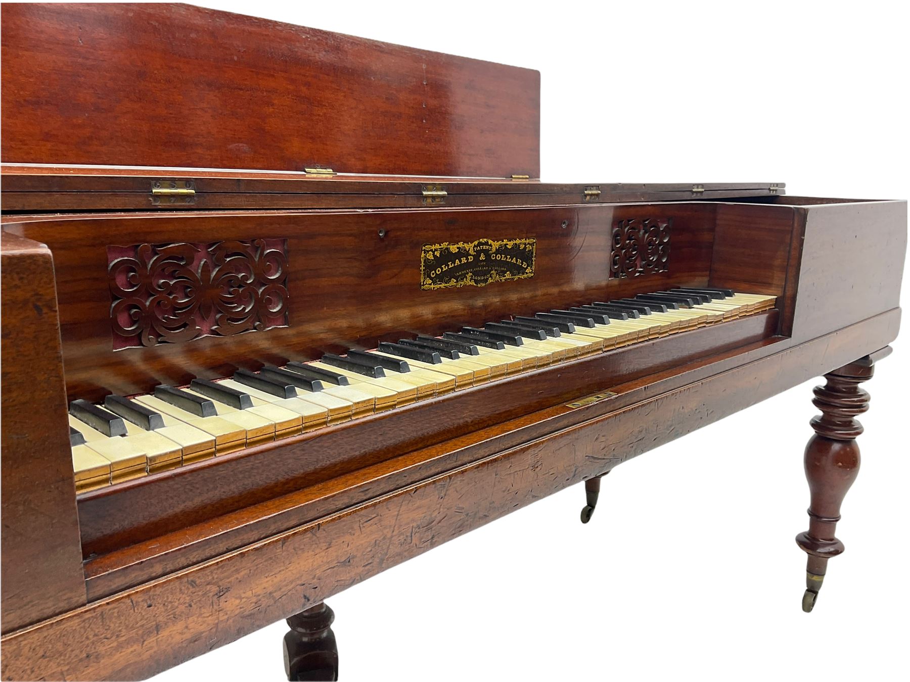 Collard & Collard - early 19th century mahogany square piano, hinged and retractable keyboard cover and lid, turned legs on brass castors