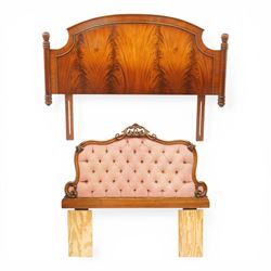 Two 20th century headboards, one with scrolled rail above a pink button backed board (H c1...