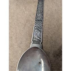Scandinavian silver spoon, with long ship decoration to handle, stamped PGBB 925, together with a 830 standard Norwegian souvenir spoon, Christening spoon in case and a toasting fork, both hallmarked 