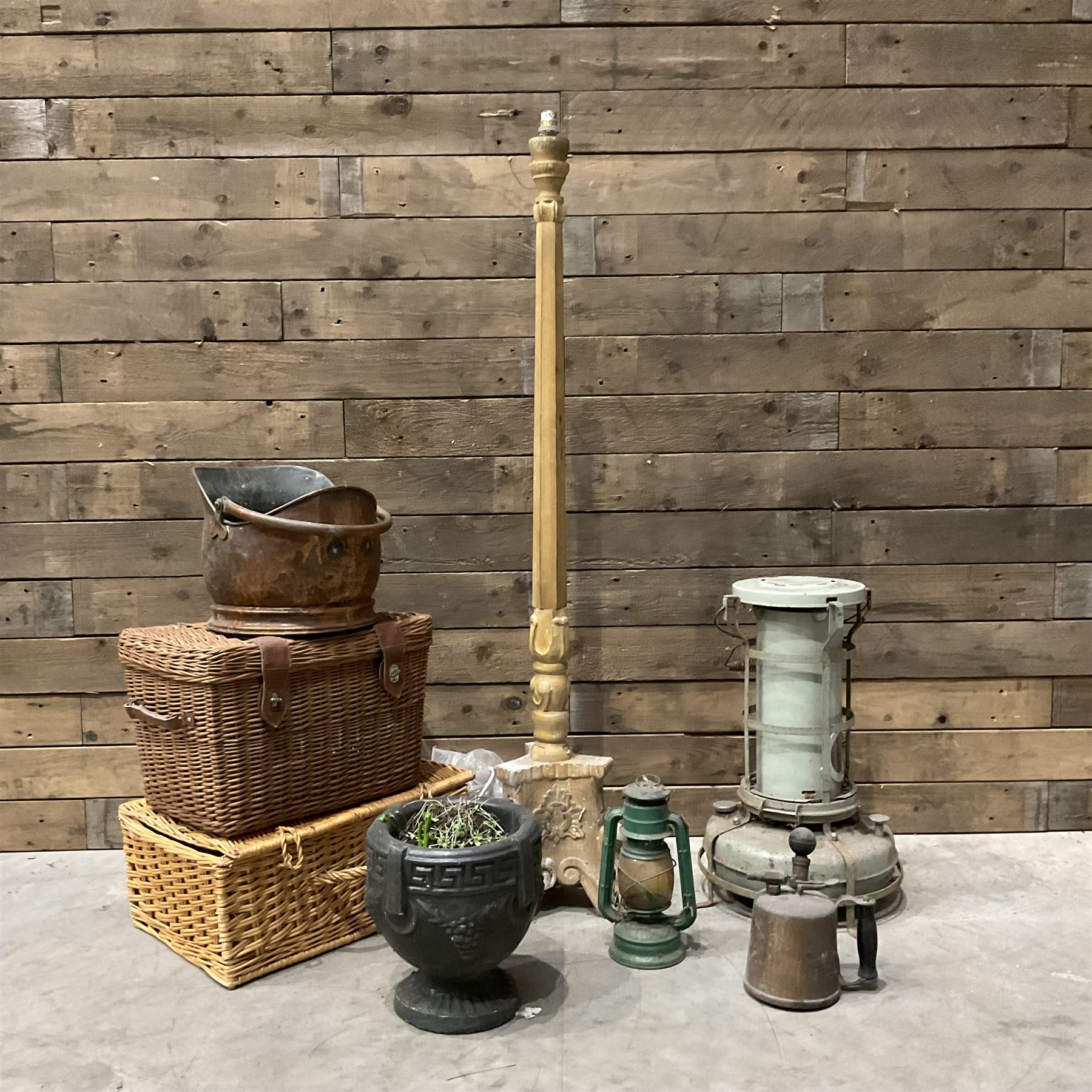 Aladdin paraffin lamp, lamp and burner, coal scuttle, painted standard lamp, stone mortar planter and two wicker baskets