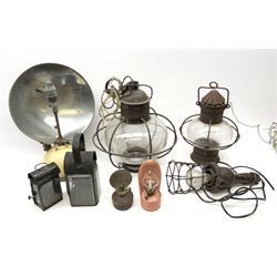 Hanging light with glass shade and metal framework, similar smaller example, two small oil lamps, inspection light and various other similar items