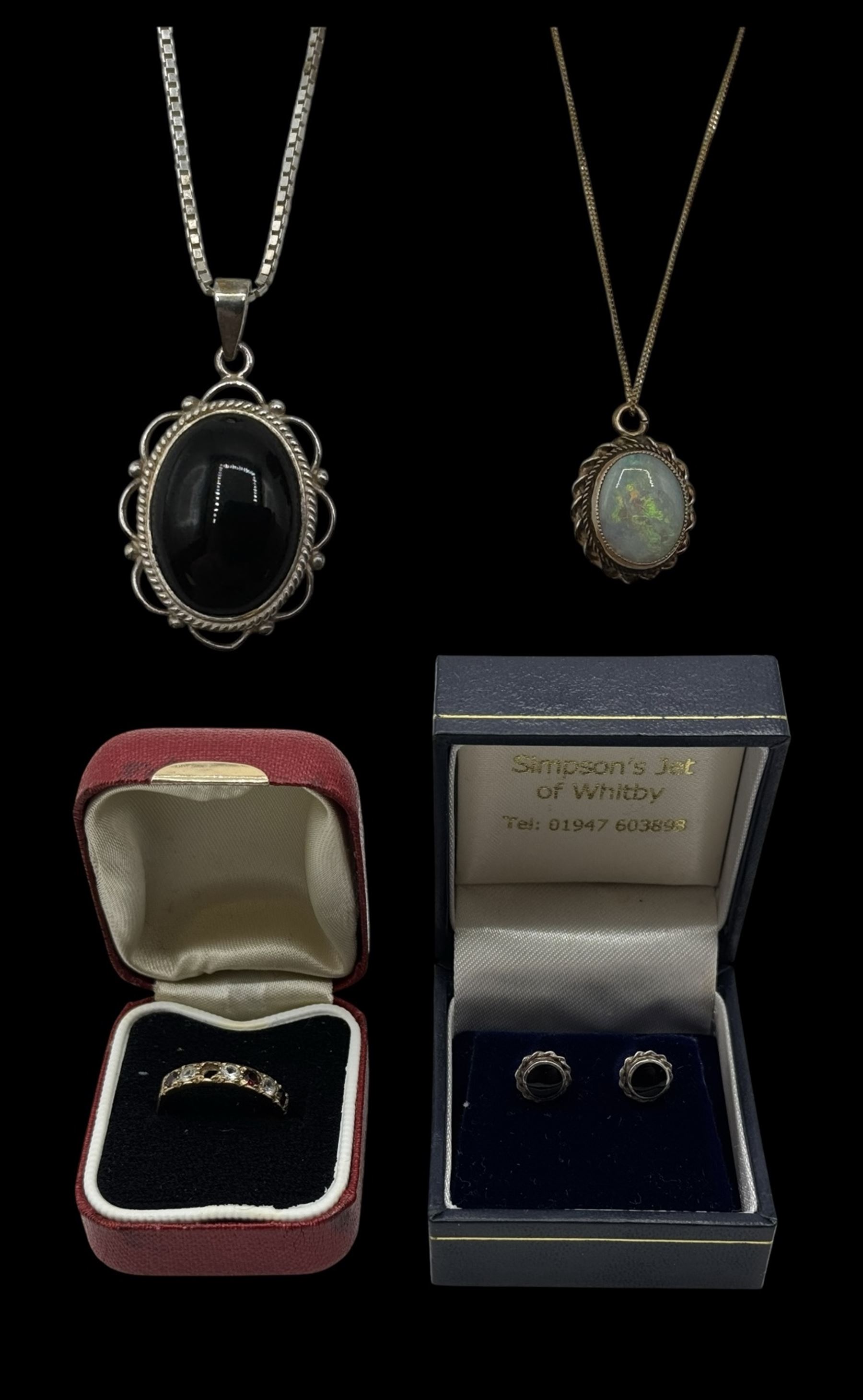 9ct gold opal pendant necklace, 9ct gold paste ring and a pair of silver Whitby jet earrings