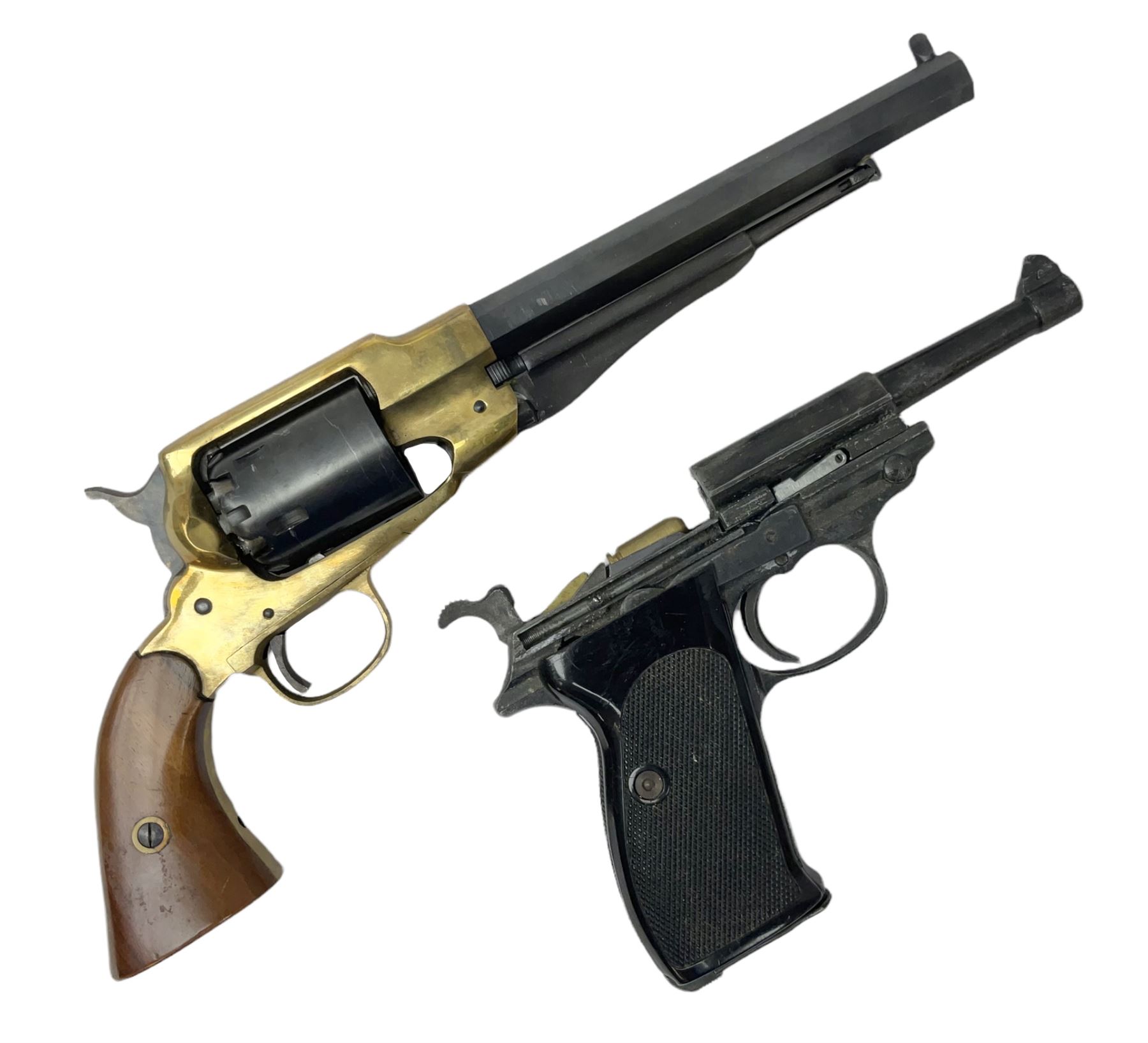 Modern Remington .44 calibre percussion brass framed army revolver, possibly by Uberti, with 16cm octagonal barrel, No.225; partially deactivated to old specification with no certificate L36cm overall; together with a die-cast copy part model of a Walther P38 semi automatic pistol (2) RFD ONLY