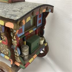 Two ceramic shire horse and gypsy caravans, together with horse brasses 