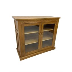 Catman - Yorkshire oak side cabinet, fitted with two glass doors, carved inset Cat signature, by Chris Checksfield of Whitby (Ex Gnomeman)