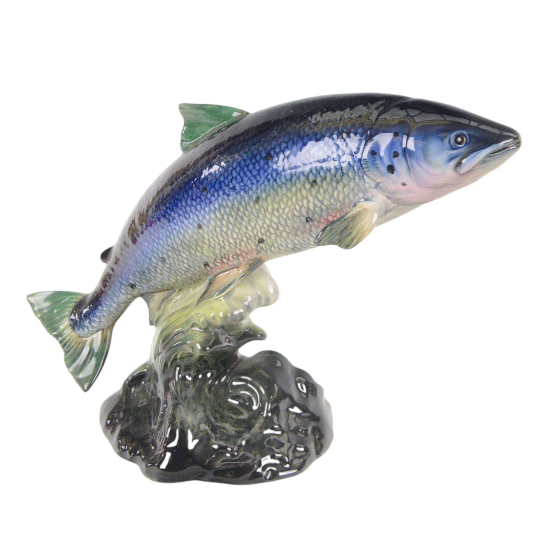 Beswick, four fish figures, comprising Large mouthed Black Bess 1266, Perch 1875, Atlantic Salmon 1233 and Rainbow Trout 1246