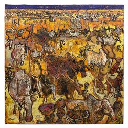 Christophe Ronel (French 1964-): 'Migration Peule sur Savane Jaune', mixed media on canvas signed titled and dated 2002, 100cm x 100cm (unframed)