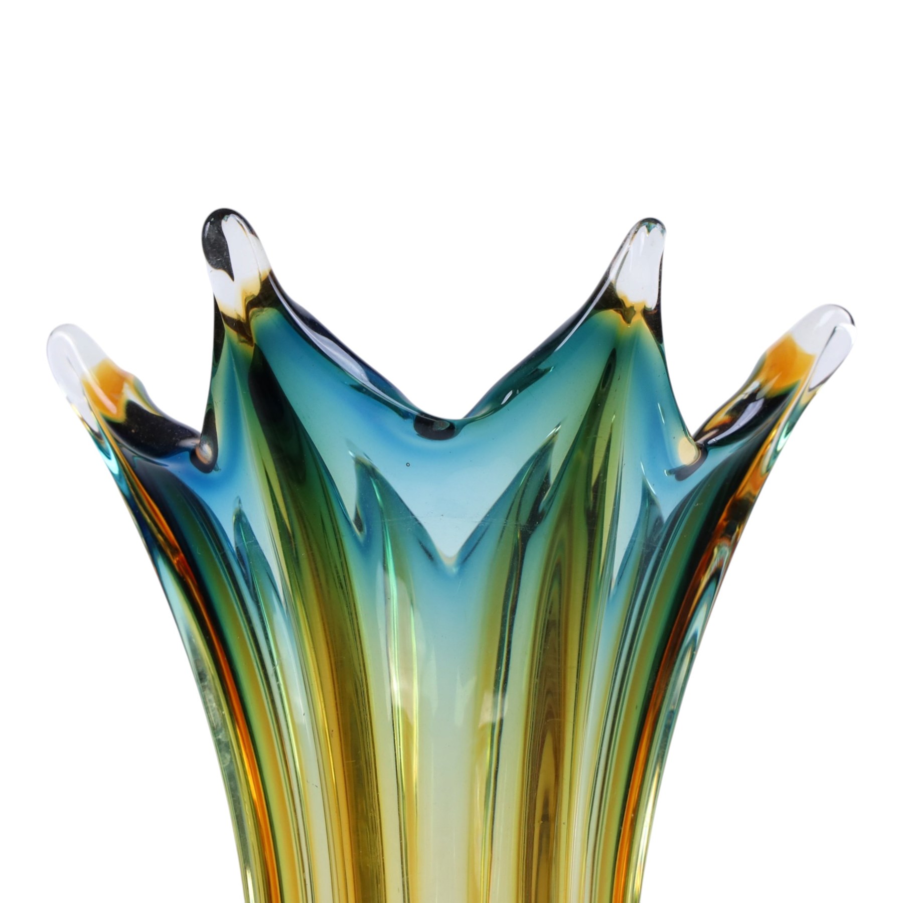 Zecchin vase, painted with reds, greens and yellows, together with a Murano vase with fluted rim, tallest H28cm
