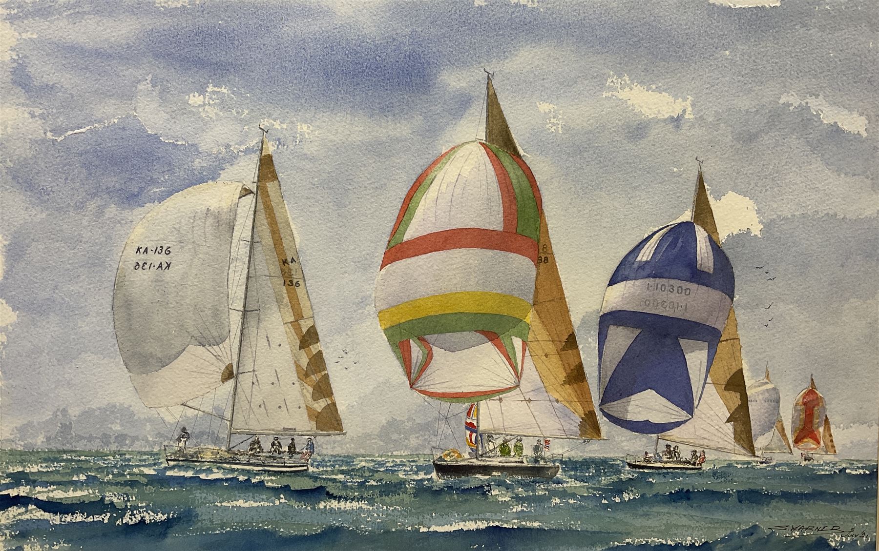 S Warner (Late 20th century):  Yacht Race at Full Sail,  watercolour signed and dated '91, 37cm x 47cm
