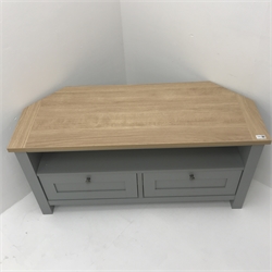 Next Malvern grey and oak finish corner television stand, two drawers, stile supports, W112cm H56cm, D45cm