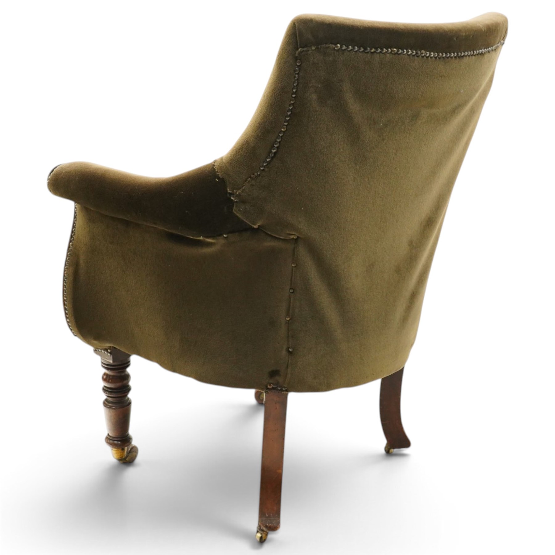 William IV mahogany framed lyre shaped library armchair, high back over scrolled arms and sprung seat, upholstered in chocolate brown velour fabric, the lyre-shaped frame raised on turned front and splayed rear supports with ceramic castors