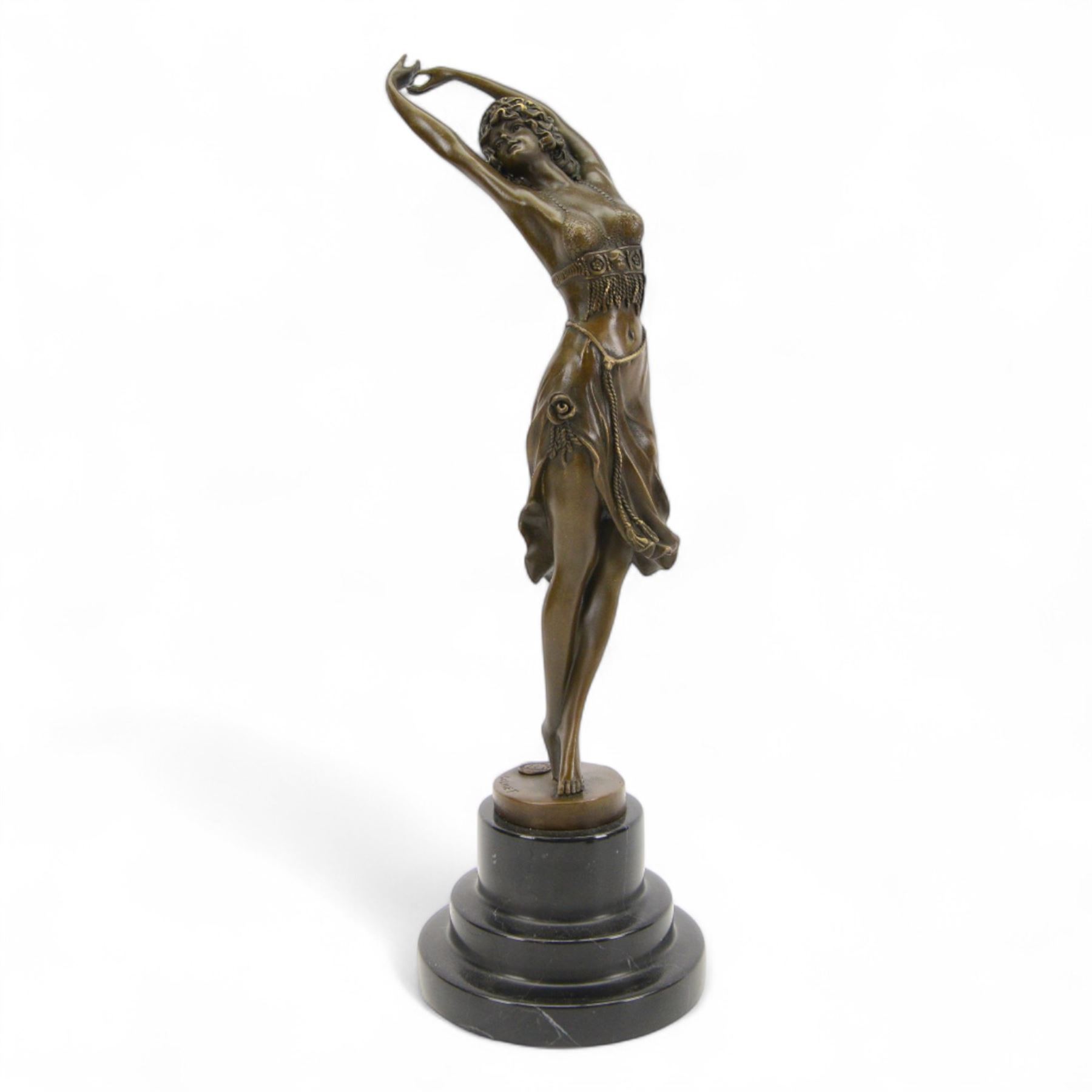 Bronze figure of a female dancers, signed colinet, with foundry mark on a stepped circular base, H41cm