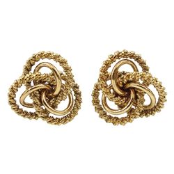 Pair of 9ct gold textured open work knot design earrings, hallmarked, approx 8.4gm, casted 