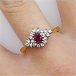 18ct gold oval ruby and round brilliant cut diamond cluster ring, London 1992