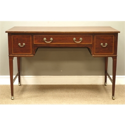  Edwardian mahogany kneehole desk, chequered and inlaid banding, W122cm, D61cm, H78cm  