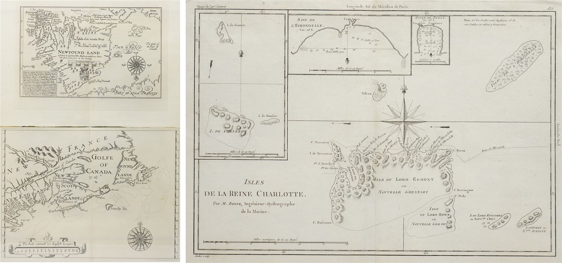 Rigobert Bonne (French 1727-1795): 'Isles de la Reine Charlotte', 18th century engraved map of the Queen Charlotte Islands (Haida Gwaii), engraved by Jean André c.1787, 29cm x 41cm; together with William Alexander (British 1567-1640): 'New Englande New Scotlande', later impression of the 1625 engraved map of New England and Nova Scotia, the first printed map to name Cape Cod, and John Mason (British c.1586-1635): 'Newfound Land', later impression of the 17th century engraved map of Newfoundland, Canada 52cm x 40cm (3) (framed as two)