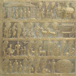 South Indian square brass plaque embossed with figures, animals, trees and buildings within a floral border 61cm 