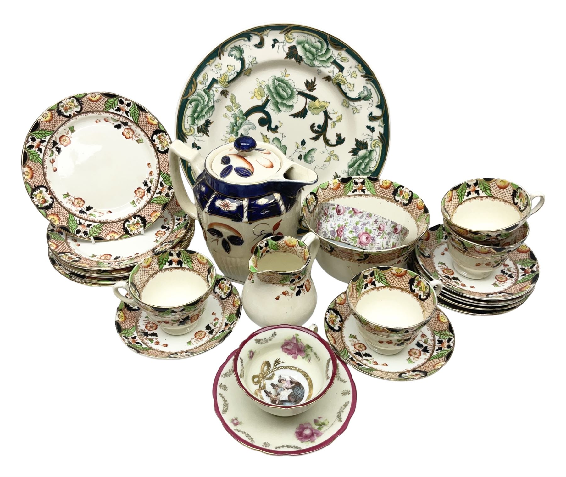 Calais Imari style part tea service, Mason's Chartreuse pattern plate, Arthur Wood Gaudy Welsh style coffee pot, and Victoria Ware teacup and saucer