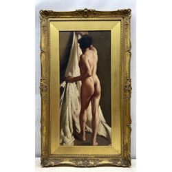 Attrib. David Jagger RP ROI (British 1891-1958): Male Nude Hanging Drapery, oil on canvas laid on board unsigned, partial original title label and with later inscriptions verso 74cm x 33cm 
