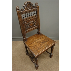  Victorian oak hall chair, carved cresting rail, sides and splat, solid wood seat with turned supports and stretchers, early 20th century mahogany table with cabriole style supports, joined by and undertier, (W61cm, H74cm, D61cm), and an Edwardian mahogany cupboard with a panelled door enclosing shelves on a plinth base, (W43cm, H78cm, D38cm)  