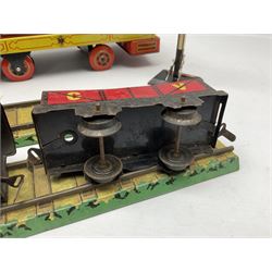 Chad Valley '0' gauge - clockwork tin-plate train set comprising LMS 0-4-0 tender locomotive No.3402 with two open wagons, loop of track and wooden signal; unboxed; and Japanese battery operated tin-plate Broadway Trolley bus No.10430