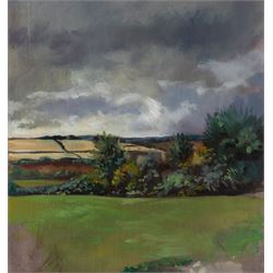 English School (Contemporary): Clouds Gathering over the Fields, pair of oils on board unsigned 31cm x 30cm (2)