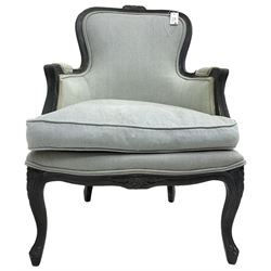 French design grey painted bedroom armchair, upholstered in pale blue fabric with loose seat cushion, on cabriole supports