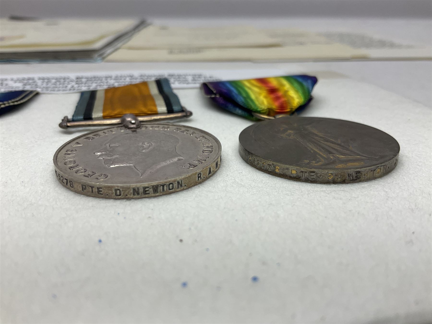 WWI Military Medal awarded to S-3957 Pte. W. Wood Med. Unit R.M. as reported in the London Gazette 14th May 1919 for services at 'the British Offensive 1918 Drocort-Queant Line and subsequent Operations' with archive of research information and original bill of purchase from Spink & Son dated 5/9/1957; together with a WWI group of three medals comprising British War Medal, Victory Medal and 1914-15 Star awarded to 1732 Pte. D. Newton R.A.M.C.