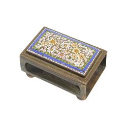 Micro mosaic match box holder, together with six pill boxes, the hinged lids decorated with mosaic floral designs