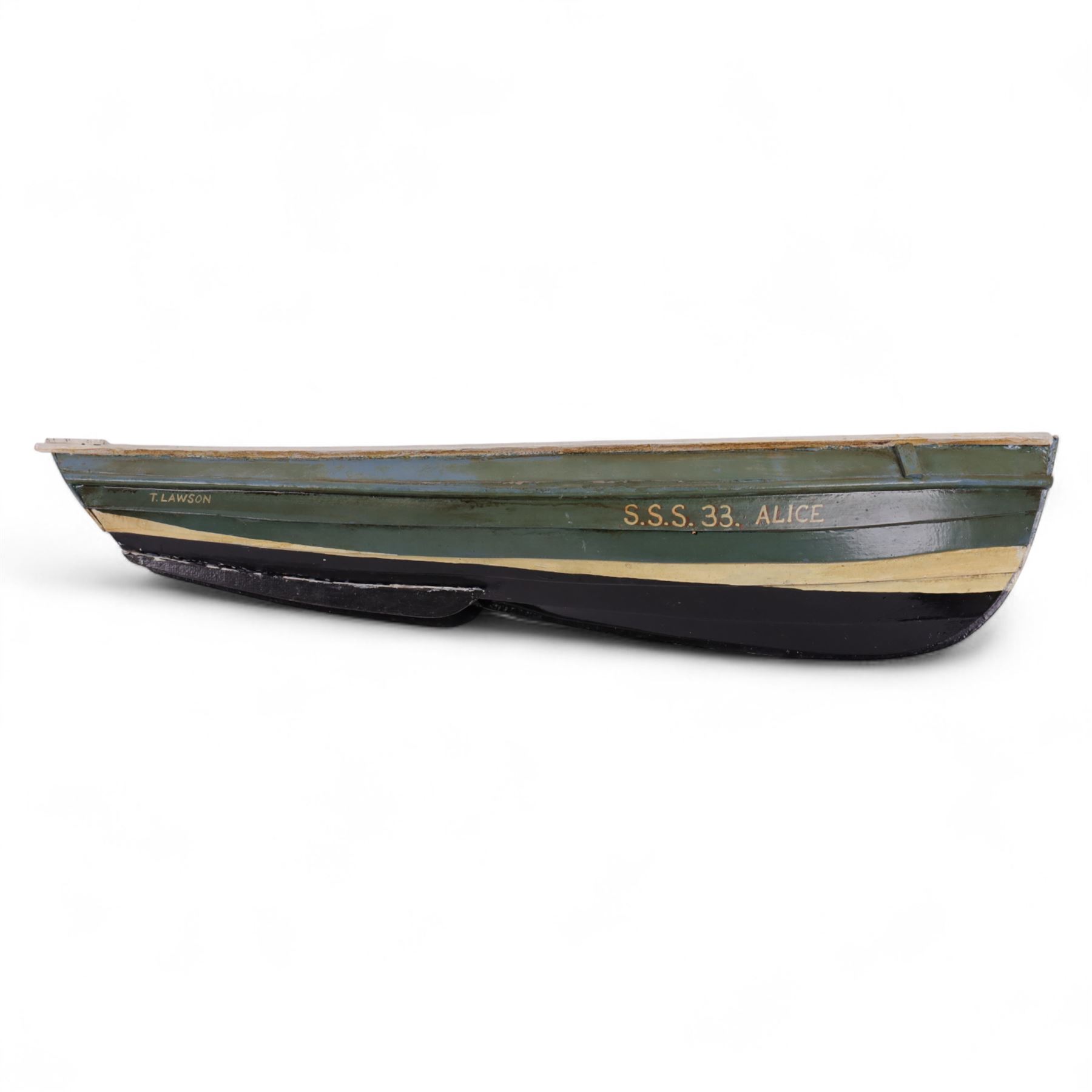 Two wooden fishing coble models, comprising SE31, with rudder, painted in blue, white and red and SSS.33 'Alice', painted in green, black and yellow, largest H16cm, L70cm