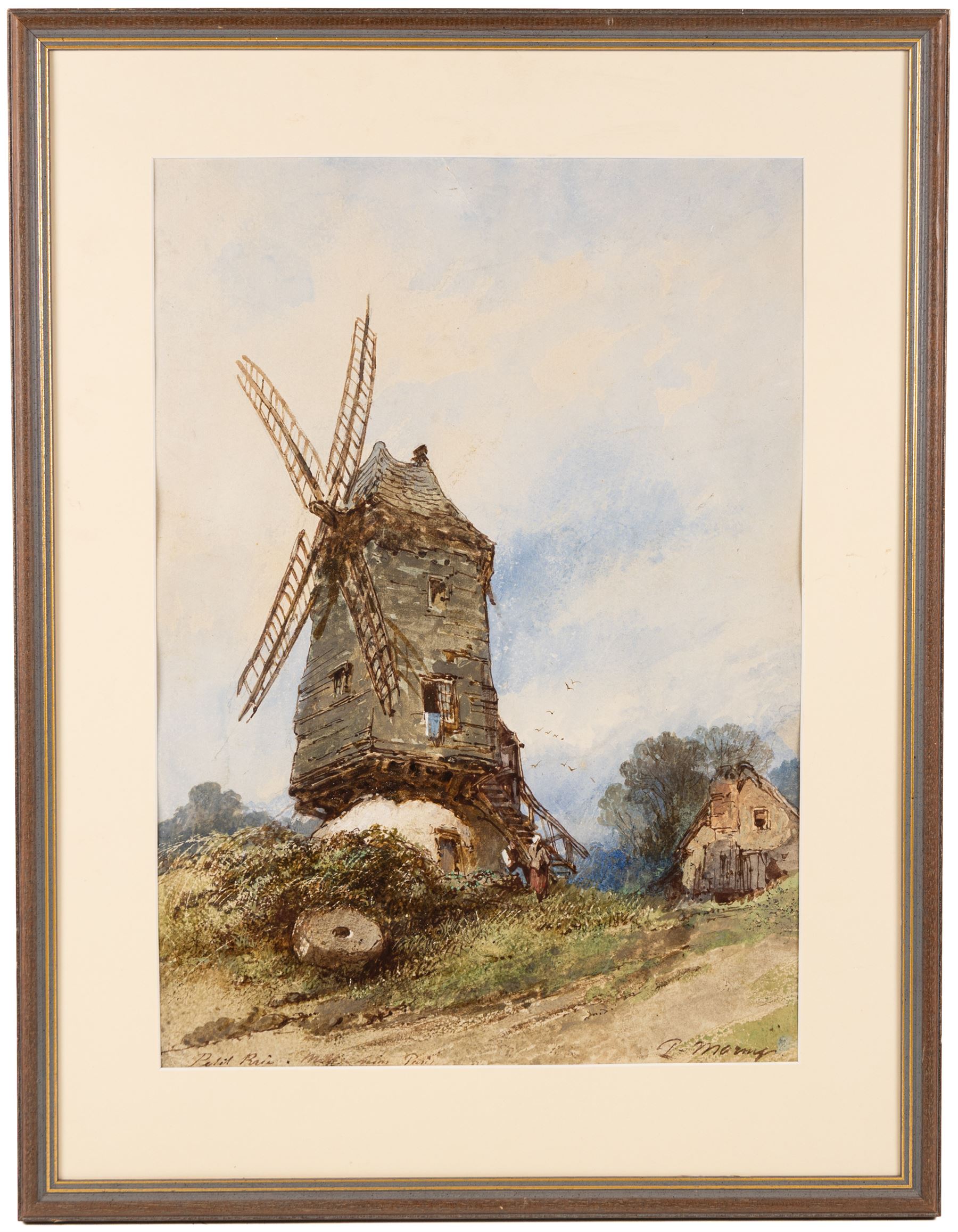 Paul Marny (French/British 1829-1914): Windmill in Rural France, watercolour signed and indistinctly titled 48cm x 34cm