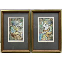Terry Durham (British 1936-2013): 'Gran'ma Bogart' and 'Gran'pa Bogart', pair pen and ink portraits signed, titled on label verso 16cm x 10cm (2)