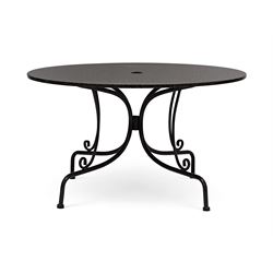 Neptune Furniture - Boscombe black granite and black powder coated steel garden table with circular top, and set five matching black steel garden chairs with loose cushions, with parasol and base.